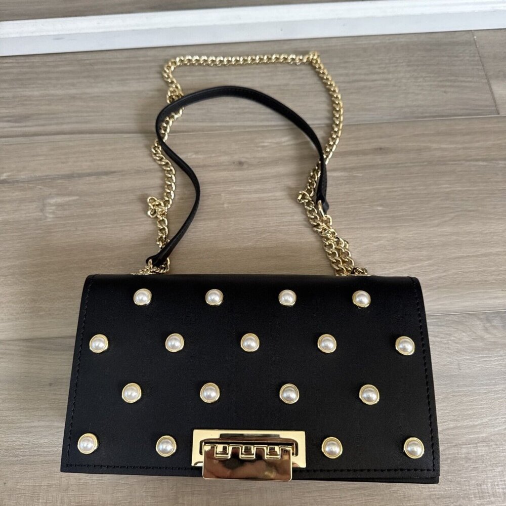 Zac Posen Earthette Pearl Lady Mini Chain Leather‎ Purse Bag NEW Black & Gold